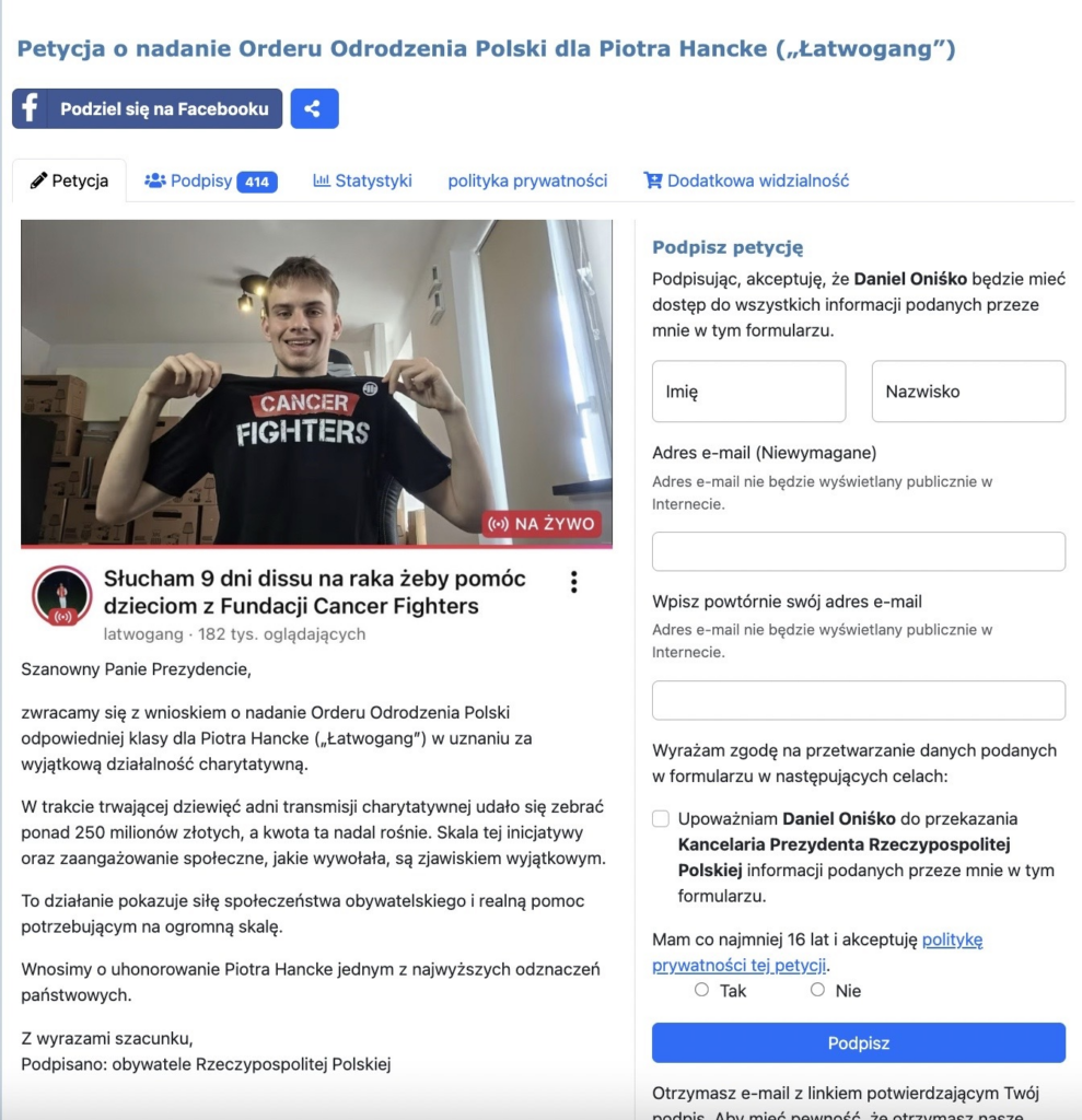 Łatwogang otrzyma państwowe odznaczenie? Jest petycja do Prezydenta RP